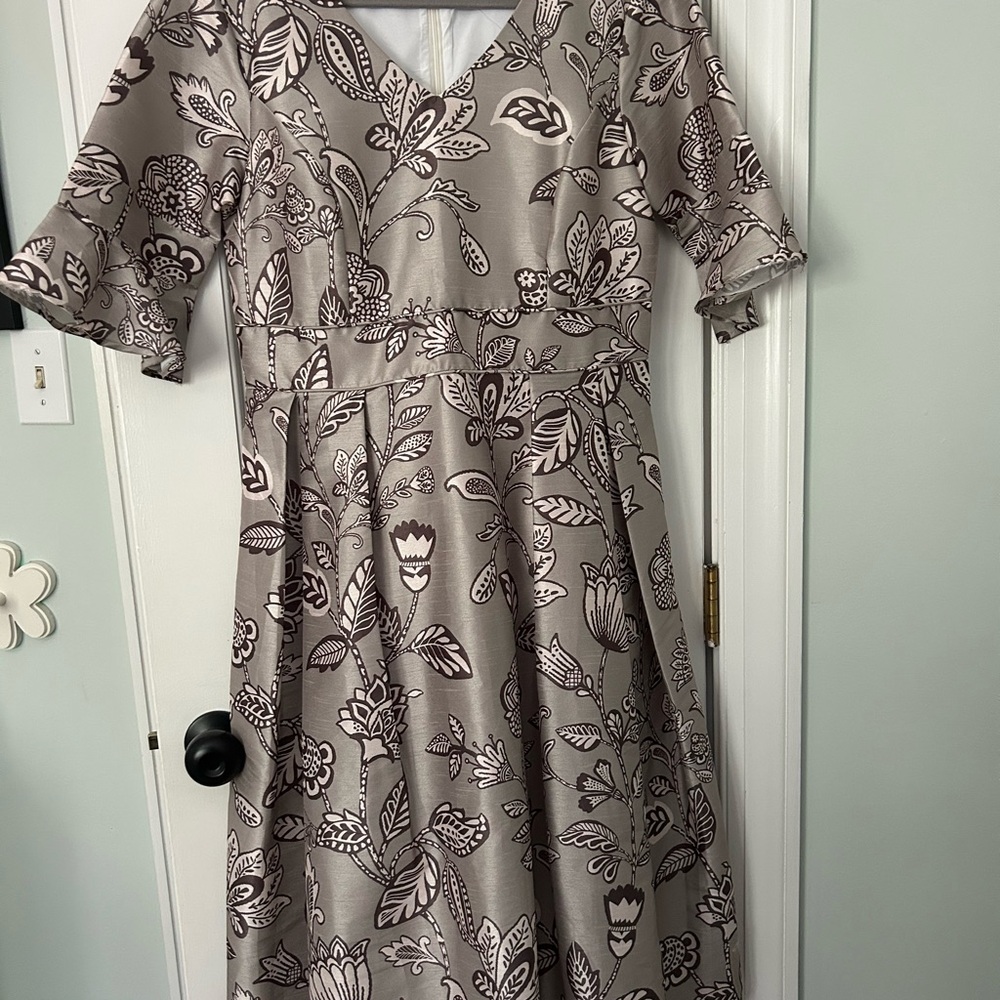 eShakti Floral Print Gray/green Dupioni fabric Midi Dress with beautiful piping